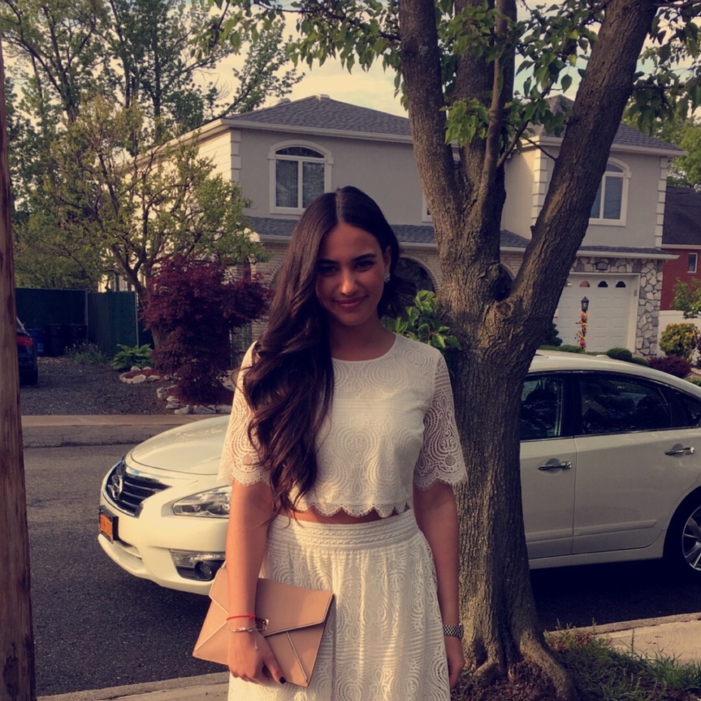 White Bebe lace crop top and matching skirt